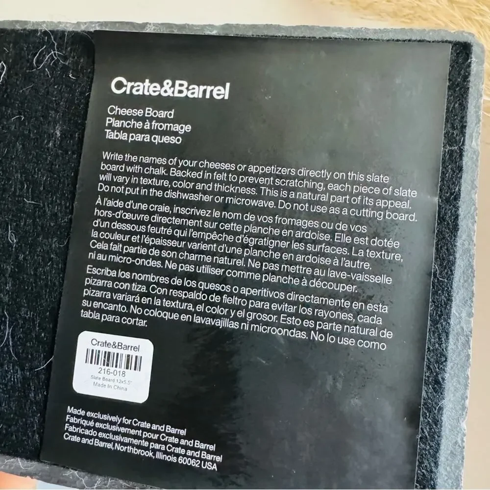 NEW CRATE & BARREL Black Slate Cheese Board White Soapstone Chalk Pencil 12x5